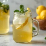 Refreshing honey lemonade recipe in a glass with mint and lemon, pitcher of delicious homemade lemonade behind.
