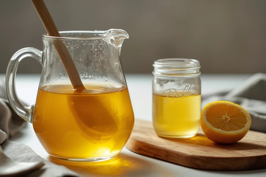 Pitcher filled with mixed honey lemonade recipe, ready to chill for a refreshing homemade drink.