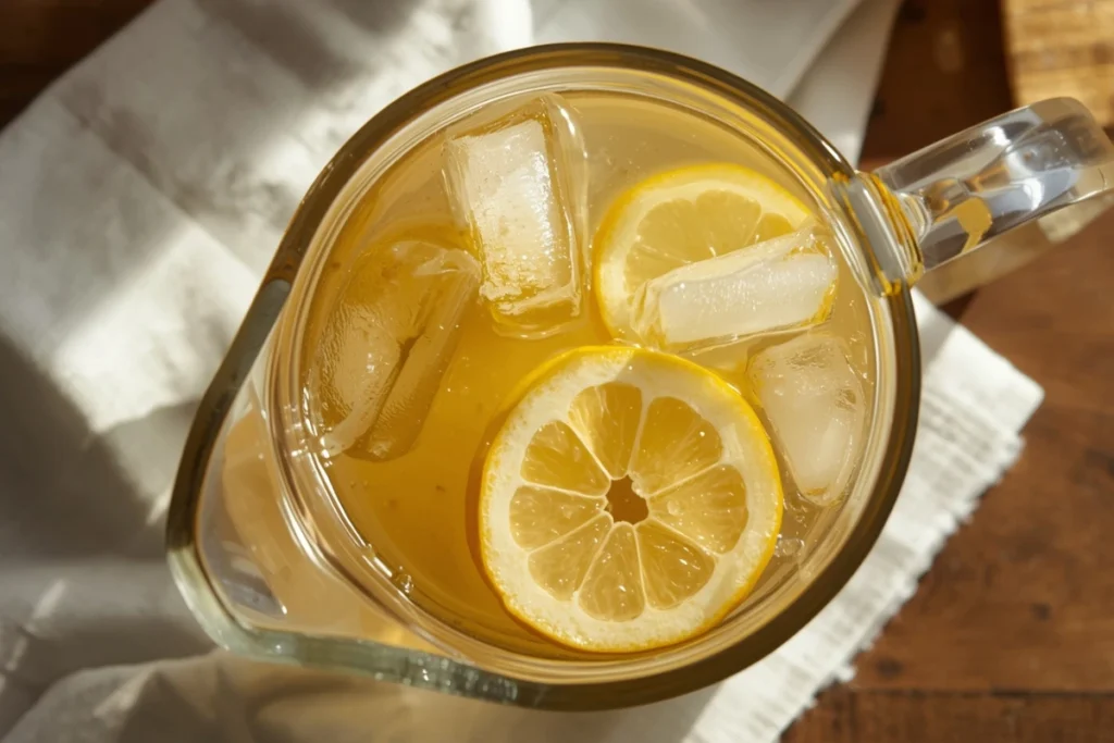 Overhead view of a pitcher of honey lemonade recipe with ice and fresh lemon slices, looking refreshing.