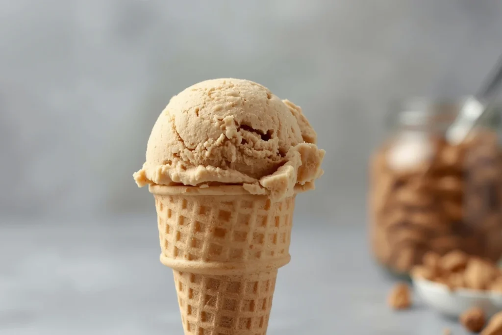 Creamy scoop of no-churn peanut butter ice cream in a waffle cone, perfect for any peanut butter ice cream recipe.