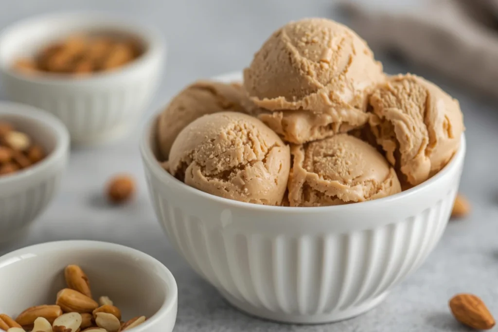 Multiple creamy scoops of homemade peanut butter ice cream in a white bowl, perfect from our delicious recipe.