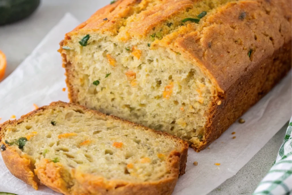 Delicious zucchini carrot bread loaf, sliced to show moist interior with green zucchini and orange carrot shreds.