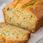 Delicious zucchini carrot bread loaf, sliced to show moist interior with green zucchini and orange carrot shreds.