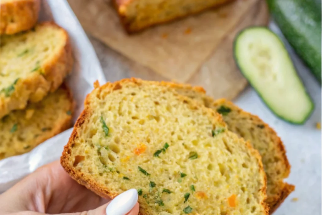 Hand holding a moist, golden slice of homemade zucchini carrot bread with colorful veggie flecks.