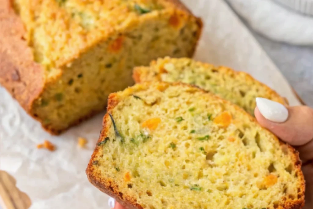 Hand reaching for a slice of warm, homemade zucchini carrot bread from a freshly baked loaf.