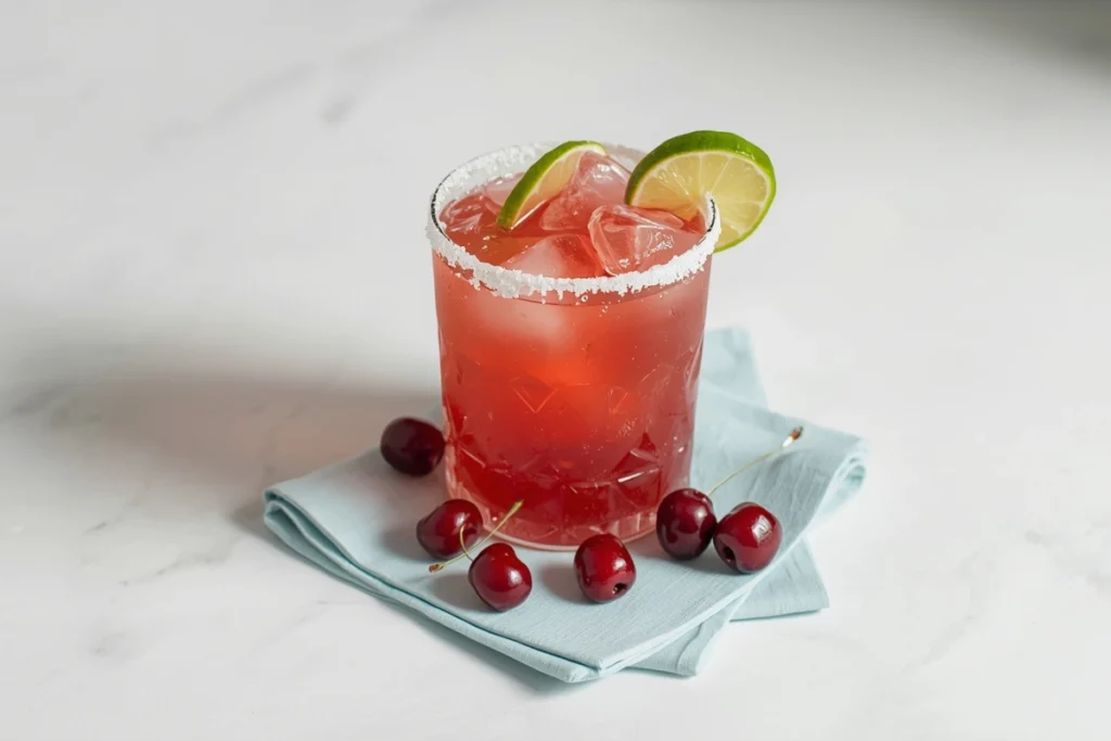 Angled view of a homemade cherry margarita recipe with lime, ice, and fresh red cherries.