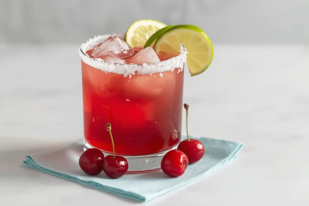 Top-down view of a fresh cherry margarita recipe with a salted rim, lime, and scattered cherries.