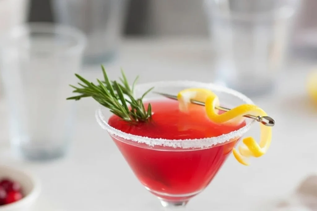 Cranberry lemon drop cocktail with lemon twist, rosemary, and sugared rim.