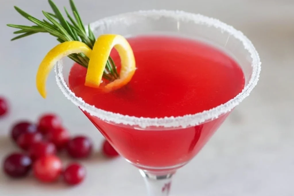 Cranberry lemon drop cocktail with a sugared rim and fresh rosemary garnish.