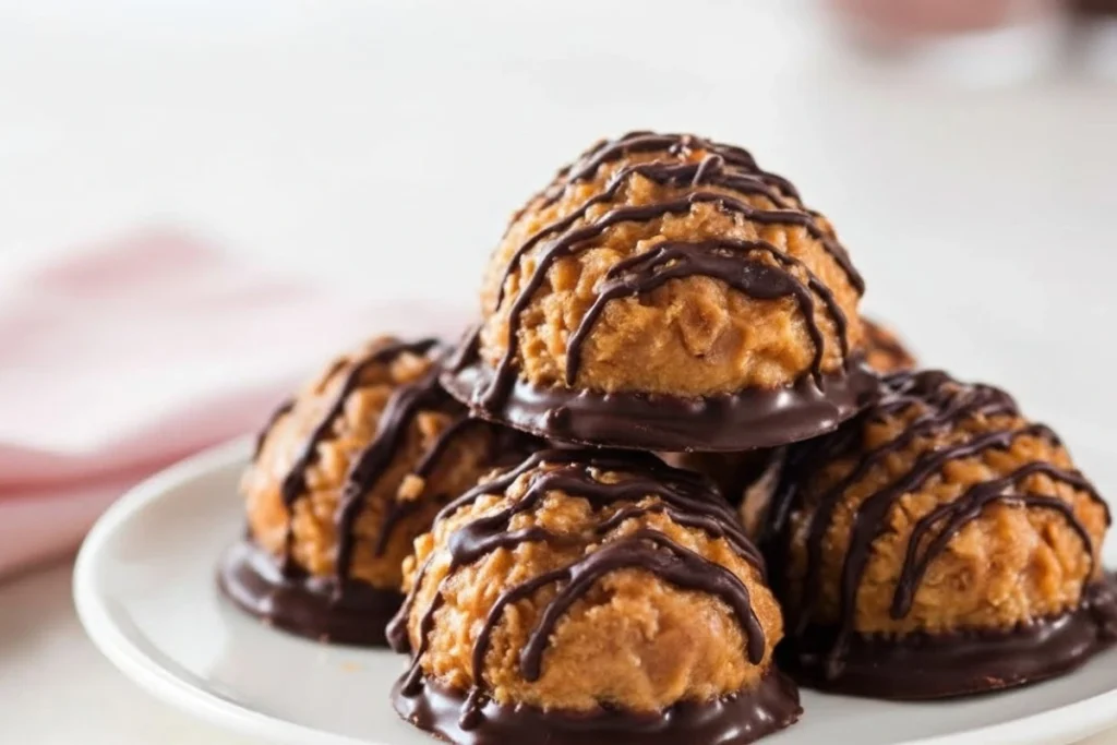 Four delicious Samoa truffles recipe treats, chocolate-dipped and drizzled, stacked on a white plate.