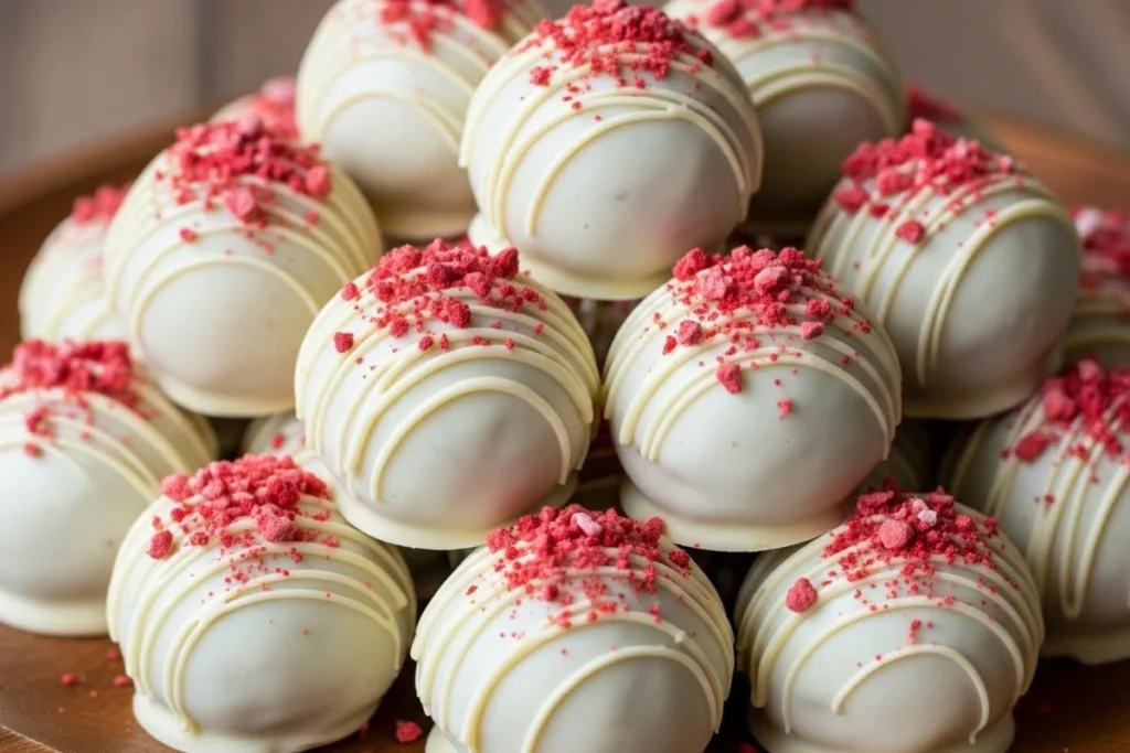 Overhead shot of numerous homemade Strawberry Cheesecake Truffle Balls on a wooden platter, decorated with white chocolate and strawberry crumbs.