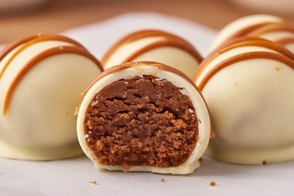 Inside of a Biscoff truffle showing dark spiced cookie butter filling and white chocolate.