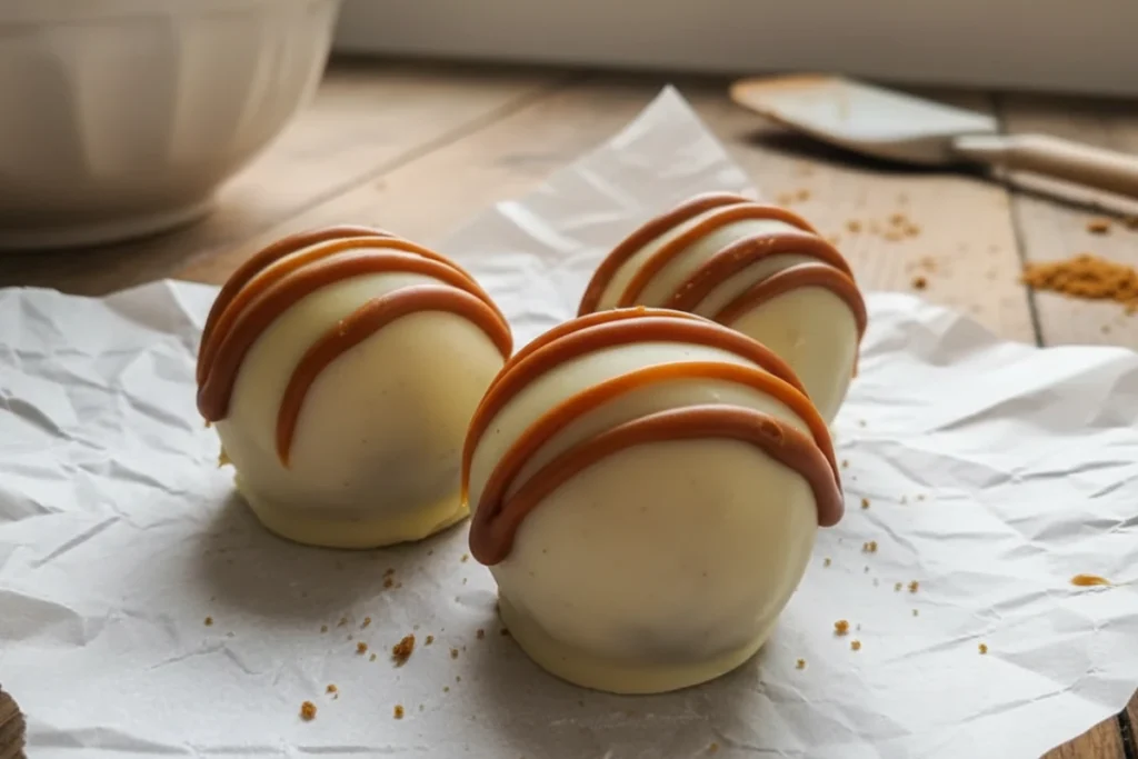Finished white chocolate truffles with cookie butter drizzle on white paper.