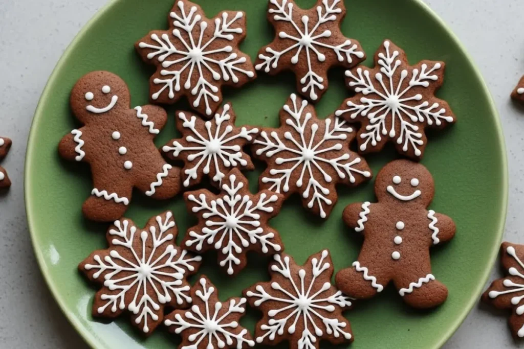 A festive green plate filled with iced gingerbread men and snowflakes from this gingerbread cookies recipe.