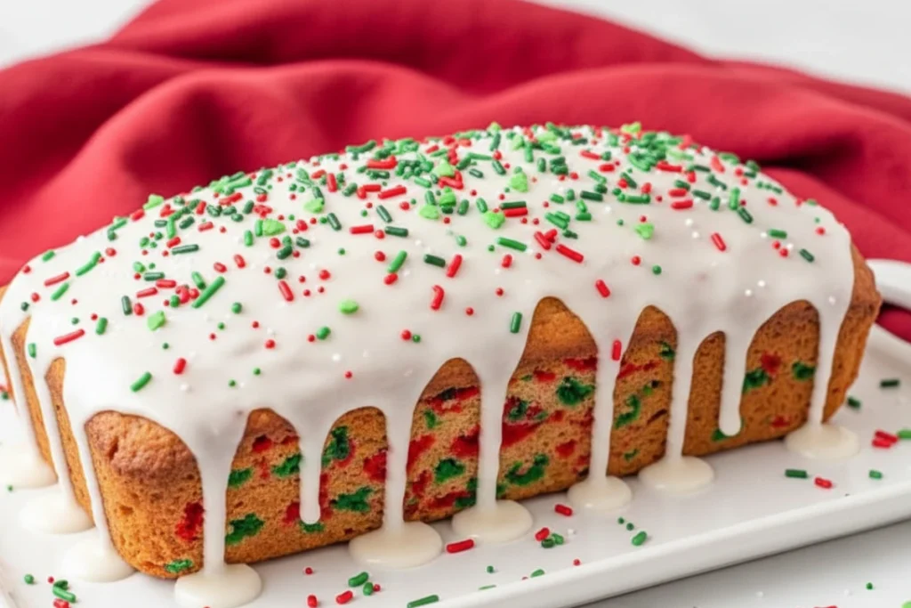 Whole Christmas Funfetti Bread loaf, iced and topped with festive sprinkles on a dish.