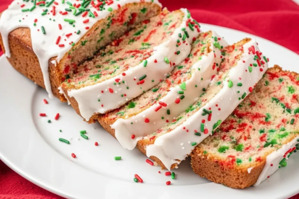  Freshly sliced Christmas Funfetti Bread with abundant icing and red and green sprinkles.