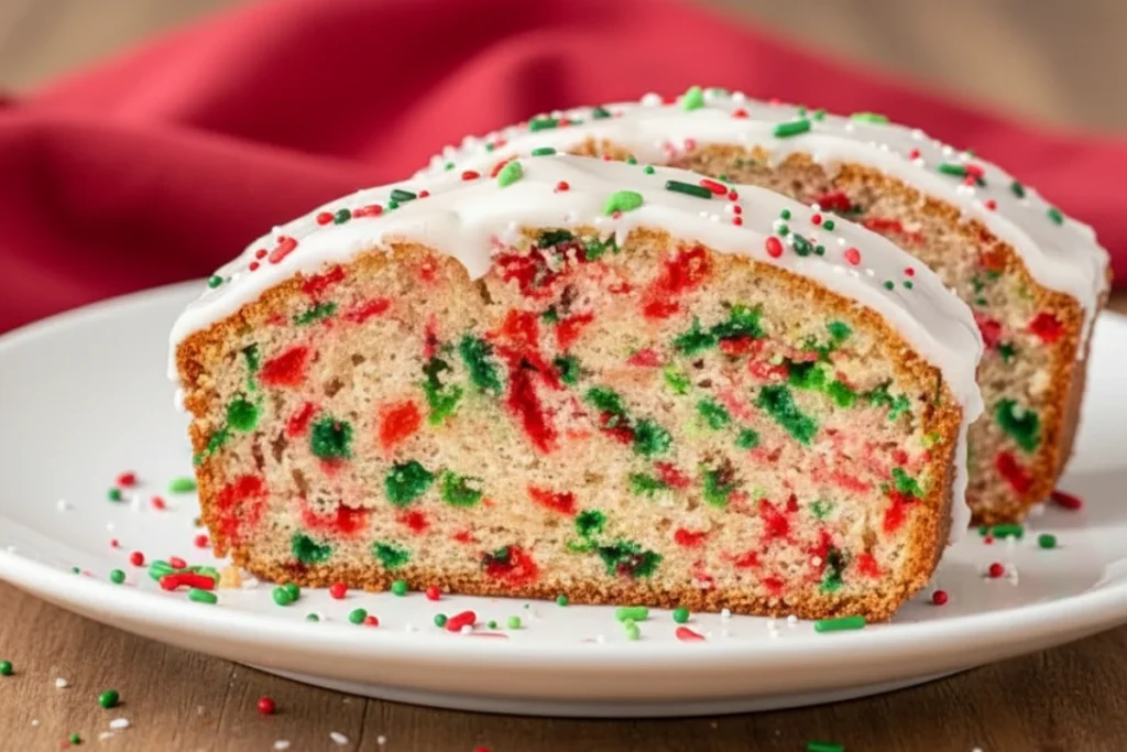 Delicious Christmas Funfetti Bread slices on a white plate, showing festive red and green sprinkles.