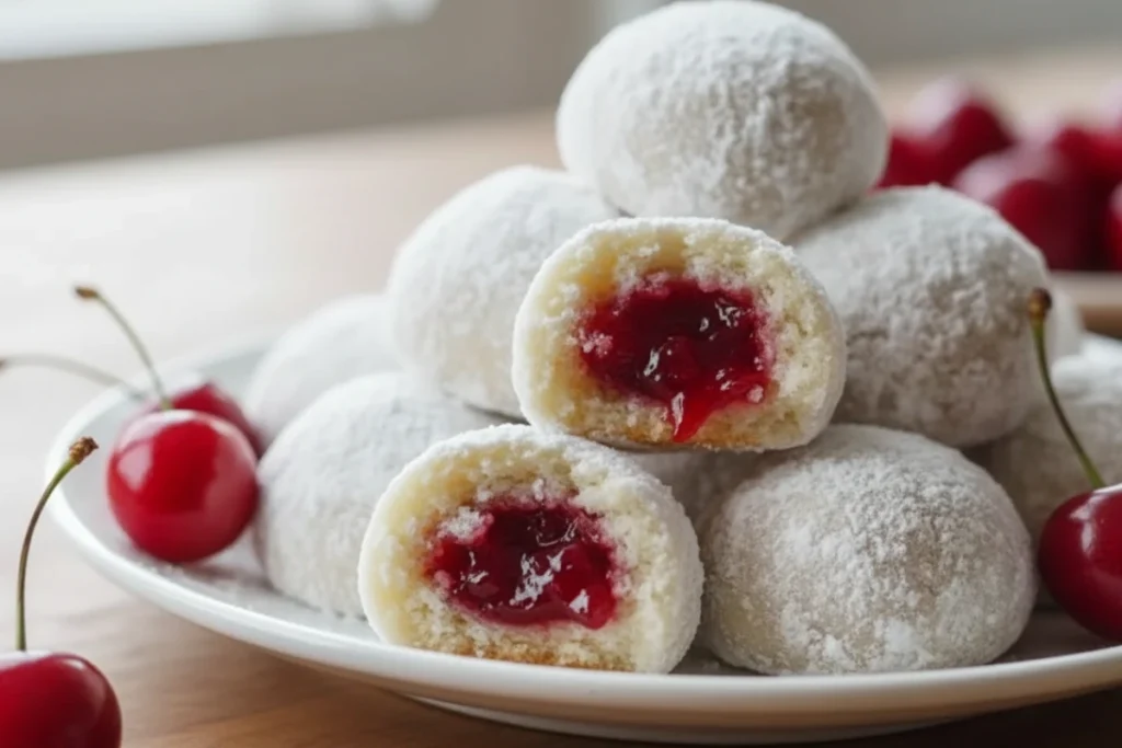 Delicious Cherry Snowball Cookies on a white plate, one cut open to show the bright red cherry filling.