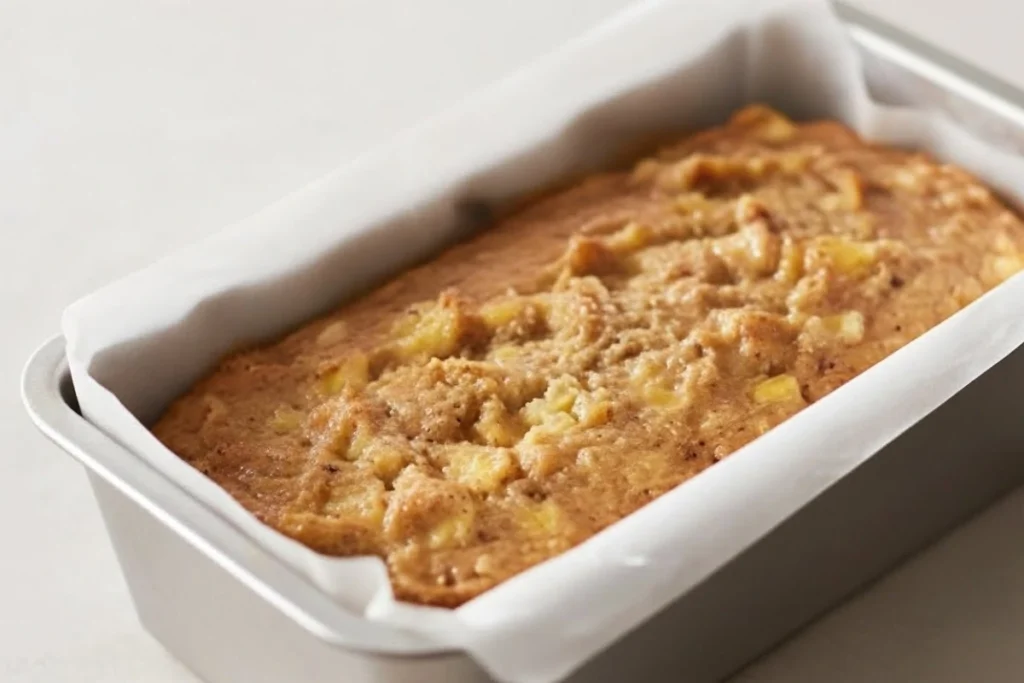 Banana pineapple bread batter in a parchment-lined loaf pan, ready to bake.