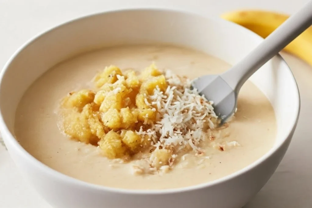 Banana pineapple bread batter in a bowl with pineapple and coconut before mixing.