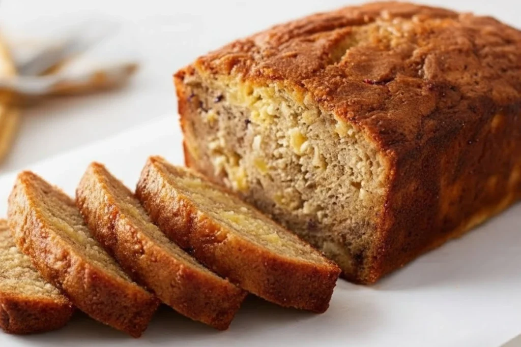 Whole loaf of fresh banana pineapple bread with three slices on parchment paper.
