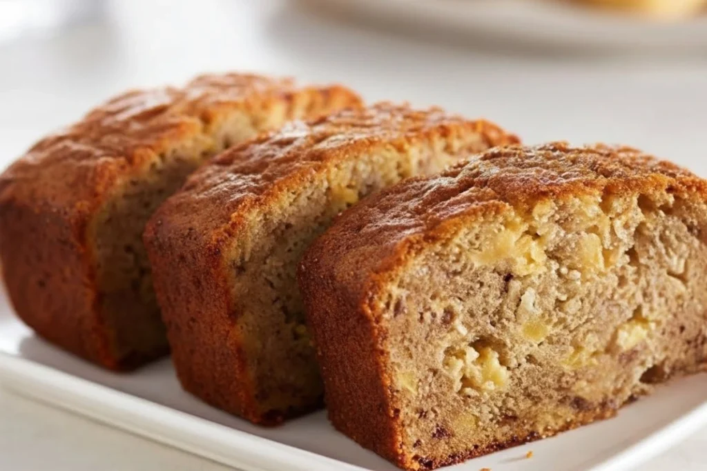 Delicious slices of moist banana pineapple bread on a white plate, showing the fluffy texture and fruit.