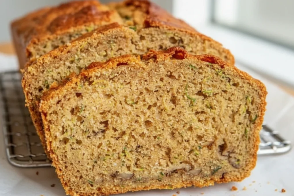 Two stacked slices of moist sourdough zucchini bread, showing off tender crumb with zucchini and walnuts.