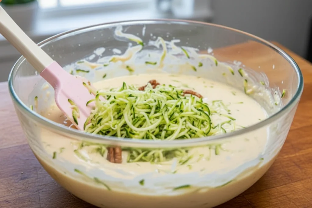 Shredded zucchini and pecans being folded into sourdough zucchini bread batter with a pink spatula.