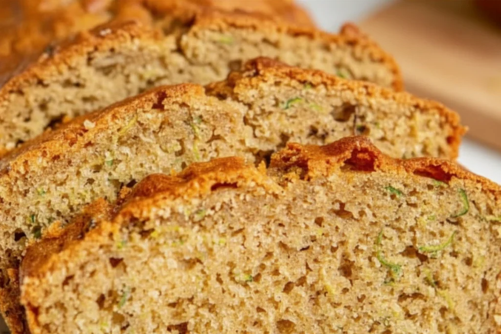 Detailed close-up of the golden-brown, textured crust of several slices of sourdough zucchini bread.