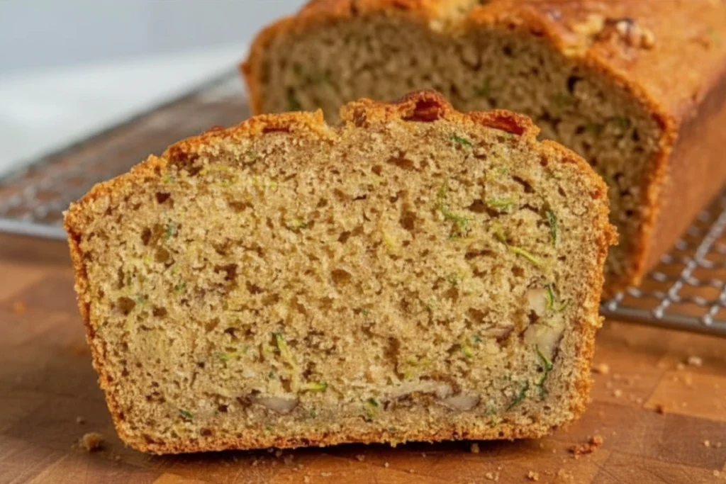 Close-up of a moist slice of sourdough zucchini bread with walnuts, showcasing tender crumb and golden crust.