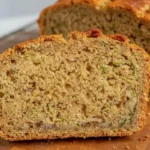 Close-up of a moist slice of sourdough zucchini bread with walnuts, showcasing tender crumb and golden crust.