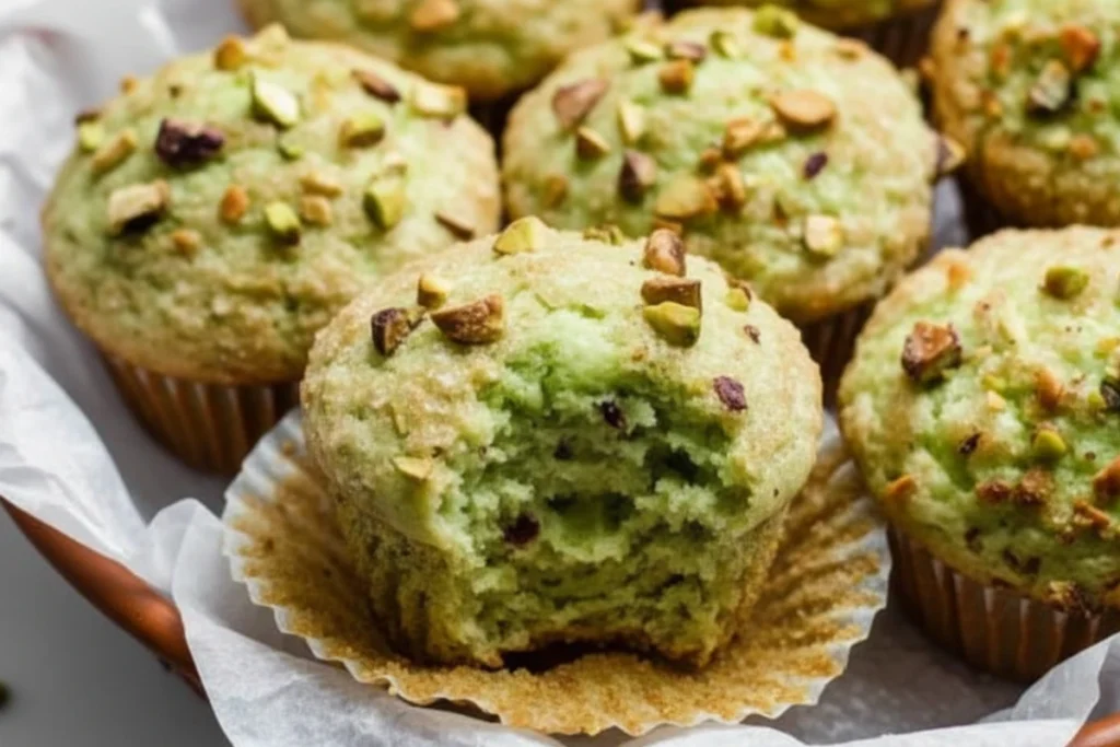 A bitten pistachio muffin revealing its moist green interior, resting in a basket with whole pistachio muffins.