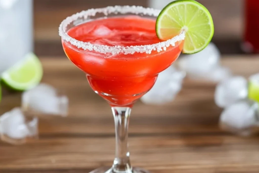 Delicious homemade strawberry margarita with salted rim, ice, and lime garnish, showcasing a fresh strawberry margarita recipe.