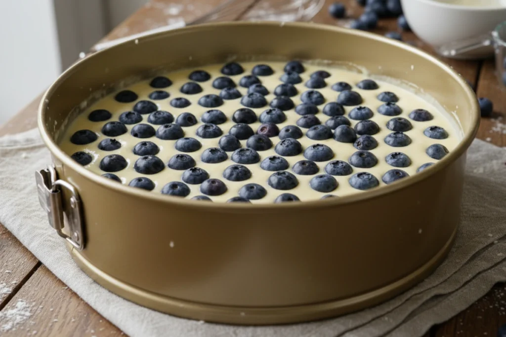 Unbaked blueberry ricotta cake batter in springform pan with blueberries on top.