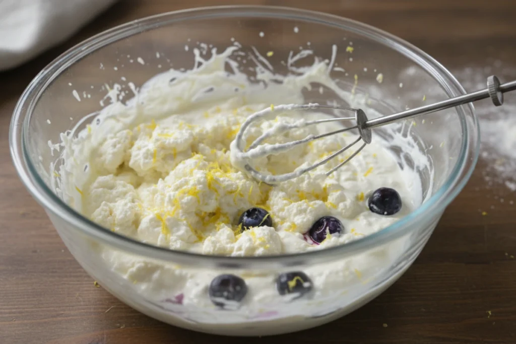 Wet ingredients for blueberry ricotta cake, with ricotta, sour cream, lemon zest.