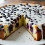 Whole blueberry ricotta cake with a slice removed, showing moist interior and lemon glaze.