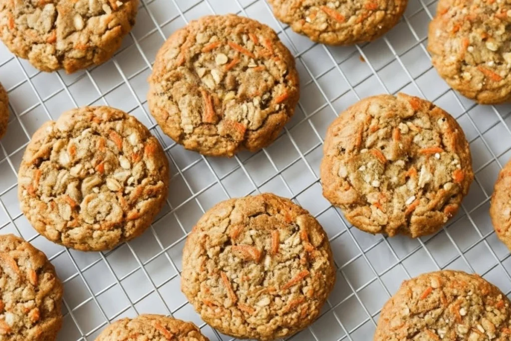 Freshly baked carrot cake cookies cooling on a wire rack before frosting.