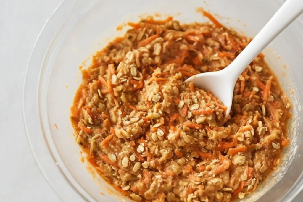 Fully mixed carrot cake cookie dough, with visible carrots and oats, ready to bake.