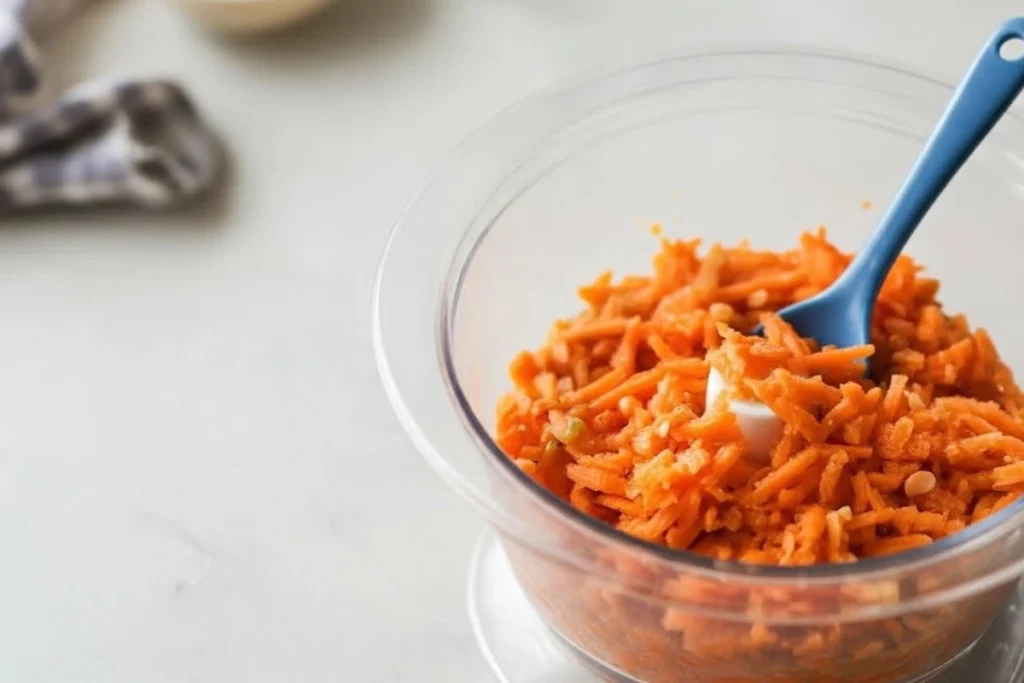 Finely grated orange carrots in a food processor, ready for carrot cake cookies.
