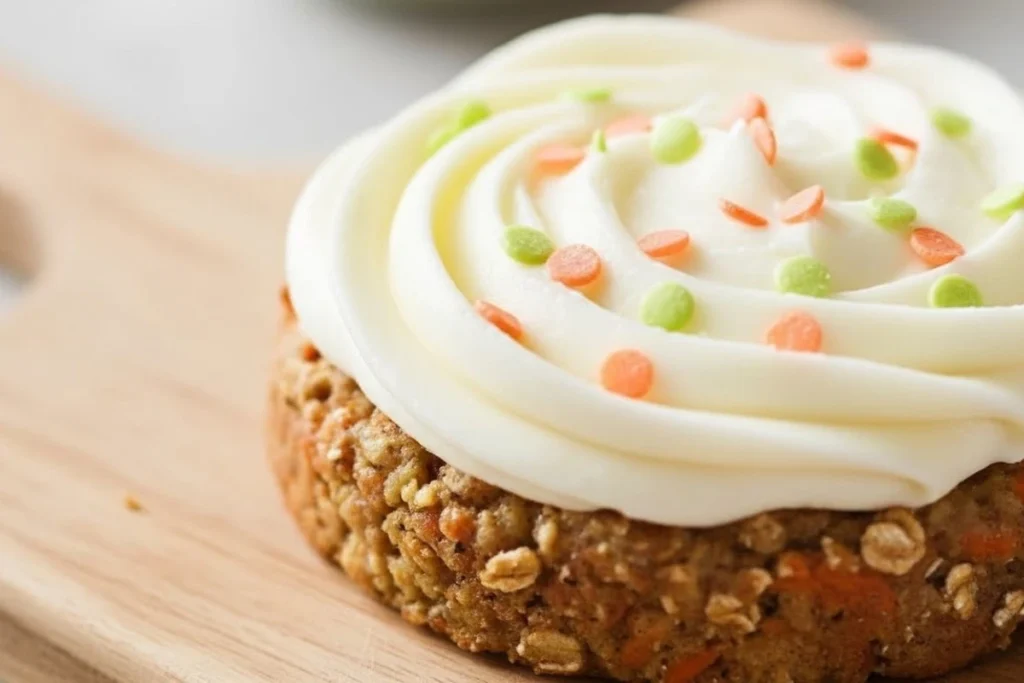 Delicious frosted carrot cake cookie with cream cheese and sprinkles on a wooden board.