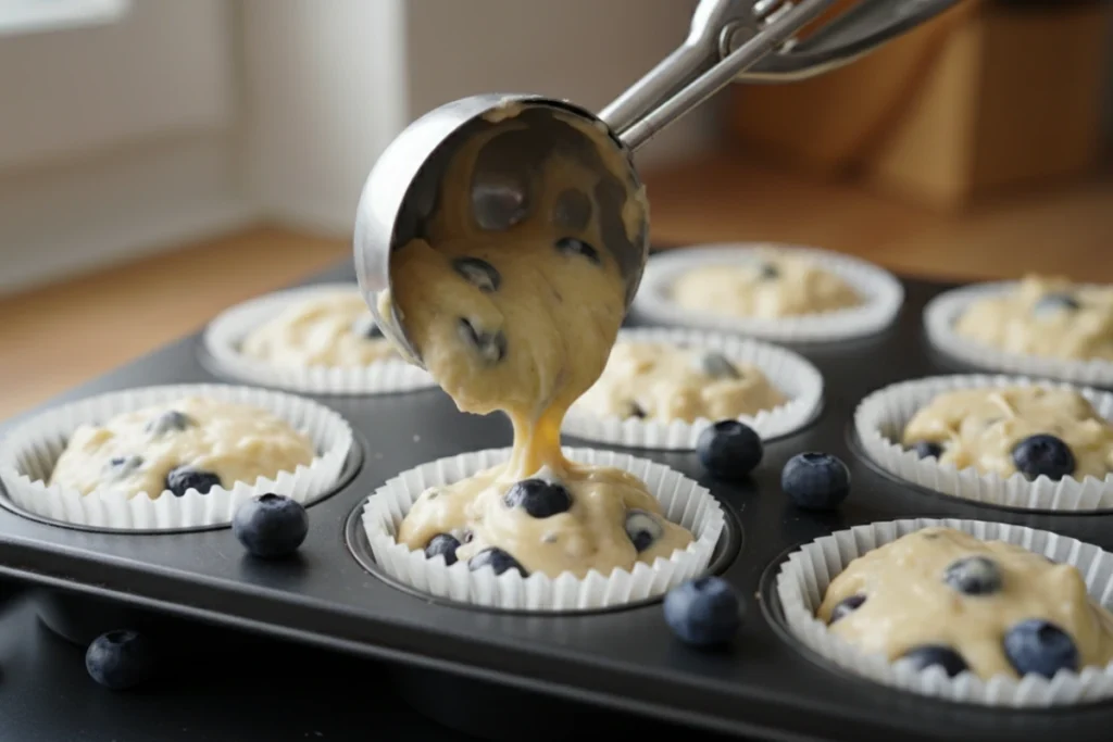 Scooping batter for a double blueberry muffins recipe into a muffin pan.