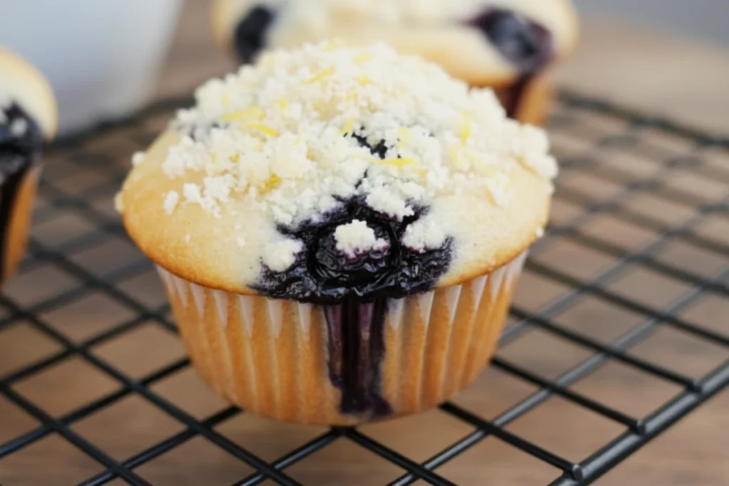 Close-up of a delicious homemade double blueberry muffin with citrus sugar topping on a cooling rack.