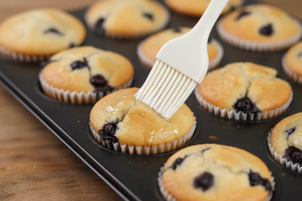 Brushing melted butter on hot double blueberry muffins fresh from the oven.