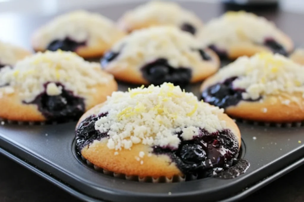 Baked double blueberry muffins in a pan, beautifully topped with citrus sugar.