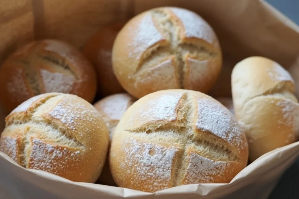 Baked German bread rolls in brown paper, cross-scored and dusted with flour, ready to enjoy.