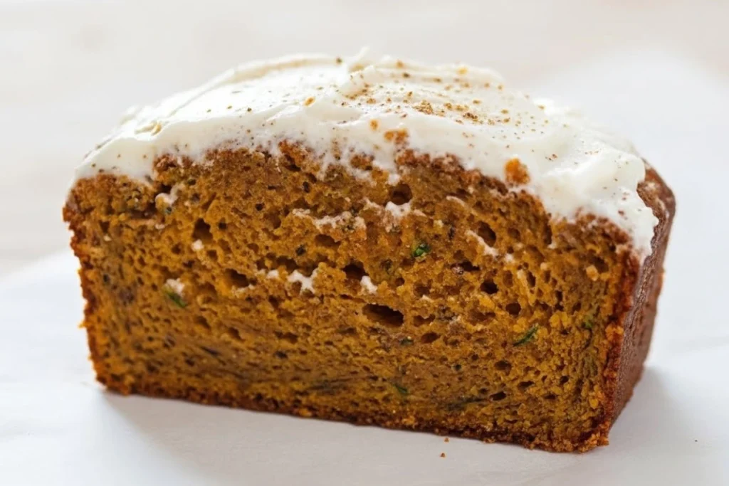 Close-up of an angled slice of pumpkin zucchini bread on parchment, showing its moist crumb with green zucchini and thick white frosting.